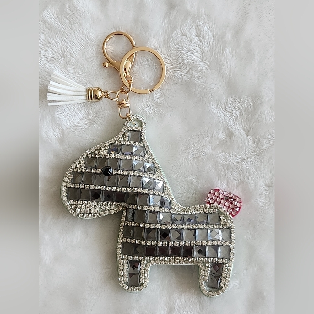 Sparkling Zebra Rhinestone Keychain with Pink Accent Heart Bag Charm